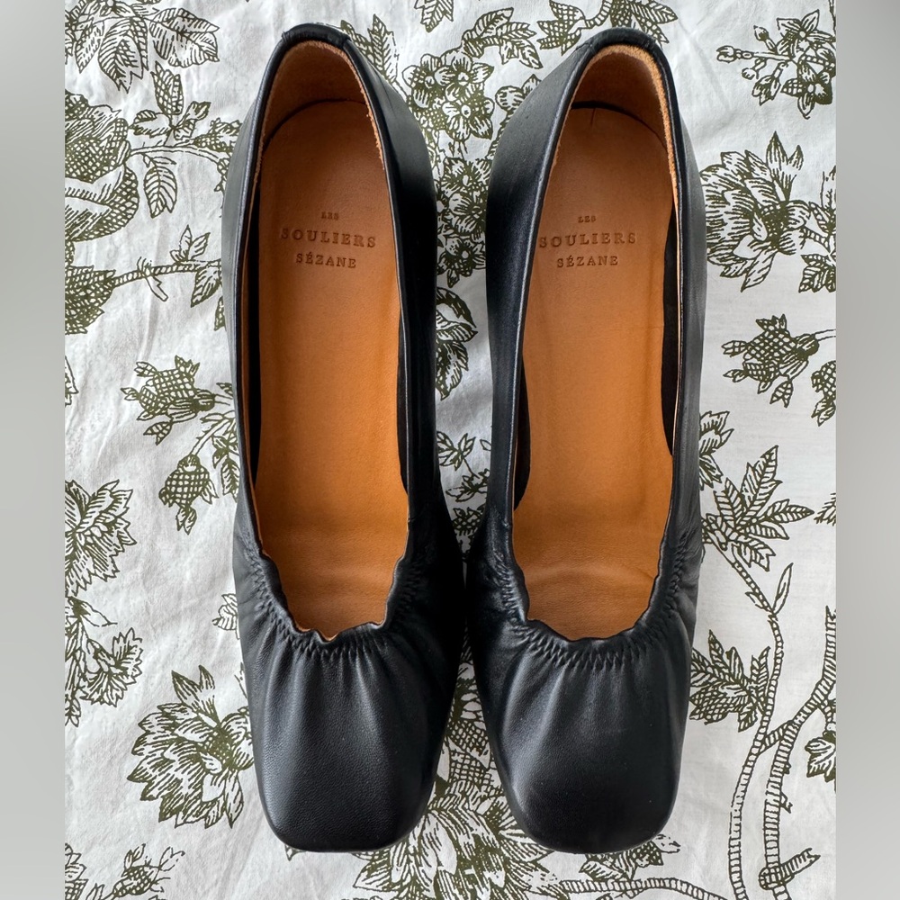 Sezane Black Leather Square-Toe Heels